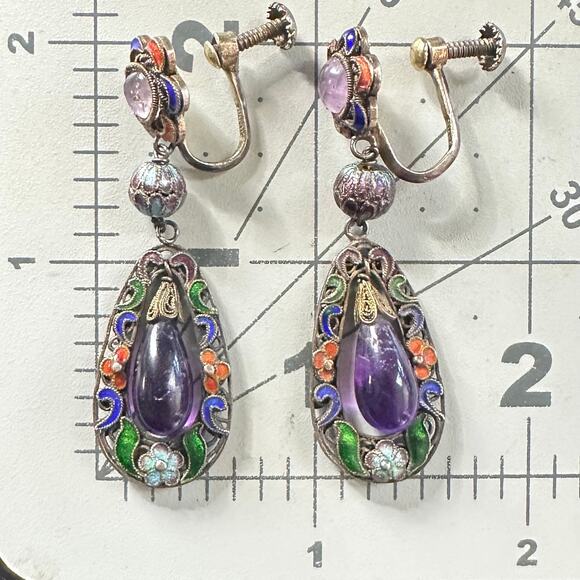 Antique Chinese silver gold plated amethyst cloisonné enamel screw back earrings - Picture 10 of 10